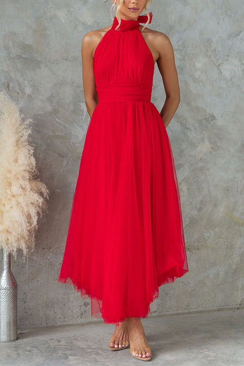 Karleedress Bow Knot Halter Open Back Tulle Maxi Dress