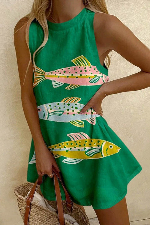 Karleedress Crewneck Sleeveless Fish Print Mini Beach Dress