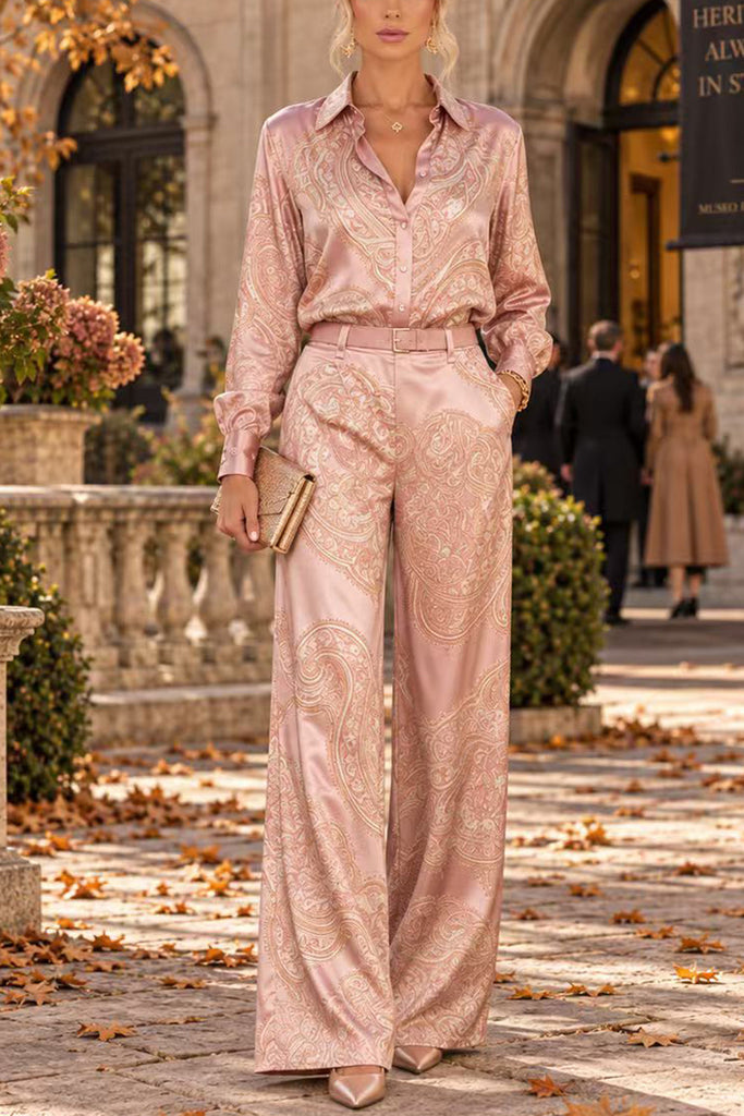 Karleedress Lapel Long Sleeves Shirt High Rise Pocketed Straight Leg Pants Paisley Print Set (B)