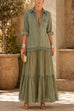 Karleedress Lapel Long Sleeves Organza Splice Ruffle Denim Maxi Dress