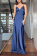 V Neck Spaghetti Strap Backless Satin Maxi Party Dress