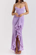 Karleedress Spaghetti Strap Frill Trim Draped Slit Maxi Dress