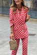 Karleedress Geometric Print Lapel Double Breasted Blazer and Flare Pants Set