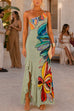 One Shoulder Sleeveless Floral Print Ruffle Hem Maxi Dress
