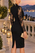 Karleedress V Neck Long Sleeves Back Slit Lace Patchwork Bodycon Dress