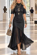 Karleedress Cold Shoulder Denim & Chiffon High-Low Maxi Dress