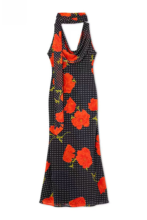 Karleedress Cowl Neck Backless Floral Print Maxi Dress with Scarf