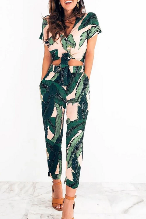 Karleedress Leaves Pattern Crop Top and Pants Outfits