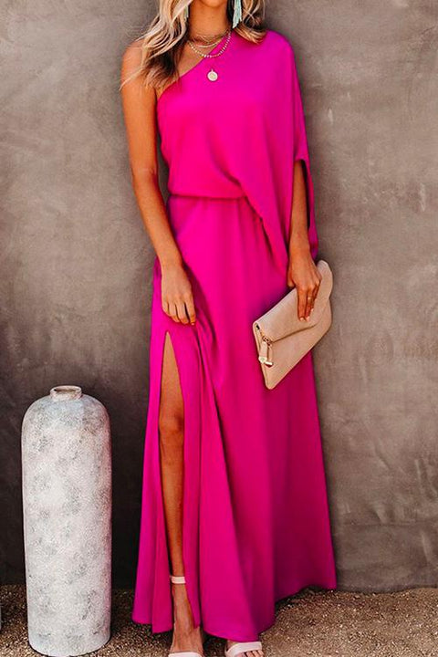 Karleedress One Shoulder Batwing Sleeve Waisted Side Split Maxi Dress