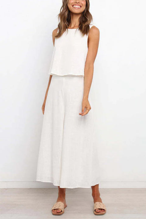 Karleedress Crewneck Sleeveless Top and Wide Leg Pants Solid Set