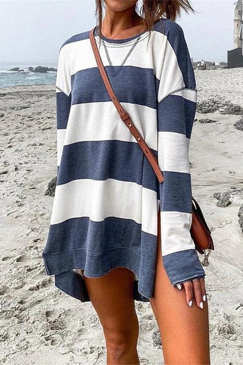 Karleedress Striped Side Split High Low Hem Pullovers