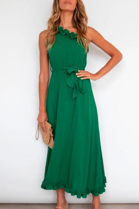 Karleedress One Shoulder Tie Waist Ruffle Maxi Dress