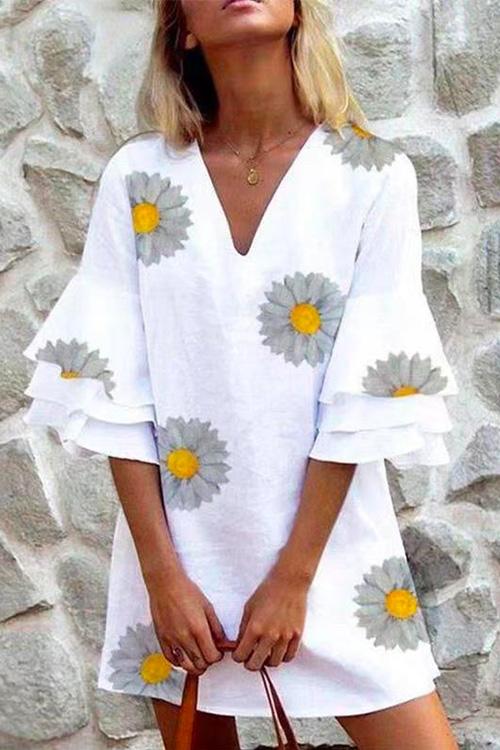 Karleedress V Neck Layered Sleeve Daisy Dress