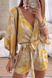 Karleedress Wrap V Neck Tie Knot Leaf Print Batwing Romper