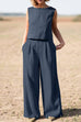 Karleedress Crewneck Sleeveless Top and Stright Leg Pants Solid Set